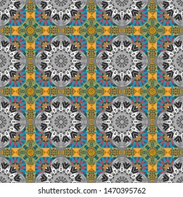 Vector abstract geometric colorful seamless pattern for background. Decorative backdrop in orange, blue and gray colors can be used for wallpaper, pattern fills, page background, surface textures.