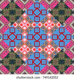 Vector abstract geometric colorful seamless pattern for background. Decorative backdrop in blue, pink and brown colors can be used for wallpaper, pattern fills, page background, surface textures.