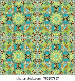 Vector abstract geometric colorful seamless pattern for background. Decorative backdrop in blue, orange and green colors can be used for wallpaper, pattern fills, page background, surface textures.