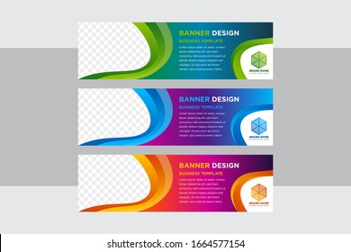 Vector abstract geometric design banner web template. Modern design. Web background with gradient color or header Templates. Space for photo. Border wave use gradient green, blue and orange.