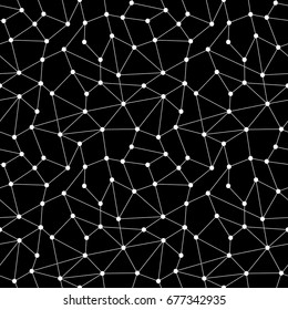 Vector abstract geometric dotted seamless pattern. White dots and lines on a black background