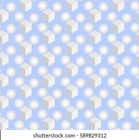 vector abstract geometric draw seamless pattern with circles and blocks 3d white monochrome