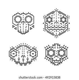 Vector abstract geometric evil skulls set. A collection of unusual and mystical creepy faces made of simple lines. Isolated scary monster faces on white.