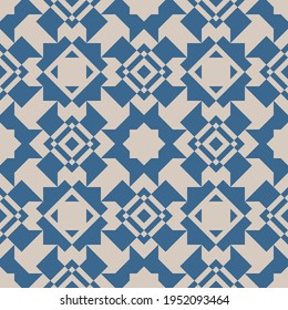 Vector abstract geometric floral ornament. Modern ornamental seamless pattern with grid, lattice, diamonds, flower silhouettes. Blue and beige background texture. Repeat design for fabric, print, wrap