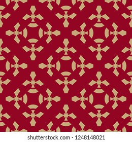 Vector abstract geometric floral pattern in Asian style. Seamless texture with flower silhouettes, carved shapes, crosses. Elegant ornament in burgundy and gold color. Golden decorative background