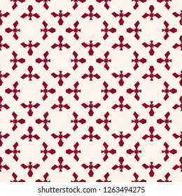 Vector abstract geometric floral pattern. Seamless texture with flower silhouettes, carved shapes, crosses. Elegant ornament in burgundy and beige colors. Simple decorative background. Repeated design