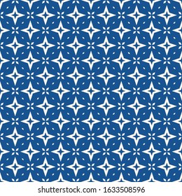 Vector abstract geometric floral seamless pattern. Indigo blue and white background with diamonds, stars, flower shapes, grid. Simple minimal ornament. Graphic texture. Repeat design for fabric, print