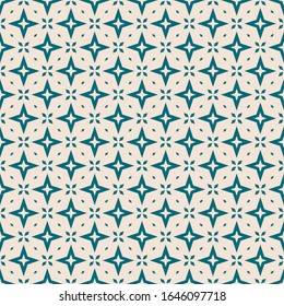Patrón de flujo fluido geométrico abstracto de vectores. Fondo de color teal y beige con pequeños diamantes, estrellas, formas florales, rejilla. Un adorno mínimo simple. Textura gráfica. Repetir diseño geo decorativo