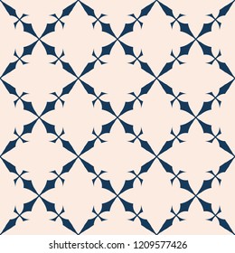Vector abstract geometric floral texture. Elegant seamless pattern with flower shapes, mosaic tiles, crosses, grid, lattice. Elegant background in deep blue and light pink colors. Repeatable design 