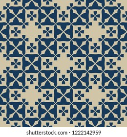 Vector abstract geometric floral texture. Elegant golden seamless pattern with flower shapes, mosaic tiles, crosses. Ornament background in deep blue and gold colors. Design for decor, fabric, cloth
