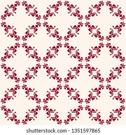Vector abstract geometric floral texture. Elegant seamless pattern with flower silhouettes, squares, carved grid, lattice. Burgundy and white colored background. Repeat design for decor, wallpapers
