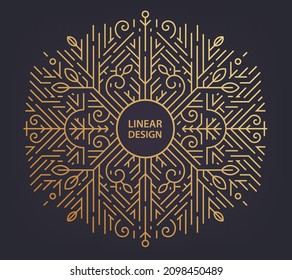 Vector abstract geometric golden background, frame. Art deco wedding, party pattern, geometric ornament, linear style with leaves. circle luxury decoration element