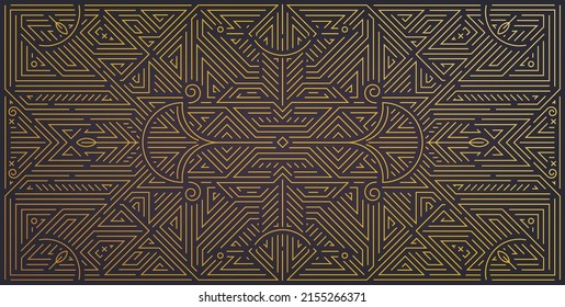 Vector abstract geometric golden background, gatsby style pattern. Art deco wedding, party, geometric ornament, linear style with leaves. Horizontal luxury decoration element, gold and black