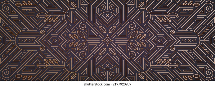 Vector abstract geometric golden background, gatsby style pattern. Art deco wedding, party, geometric ornament, linear style. Horizontal luxury decoration element, banner, gold and black