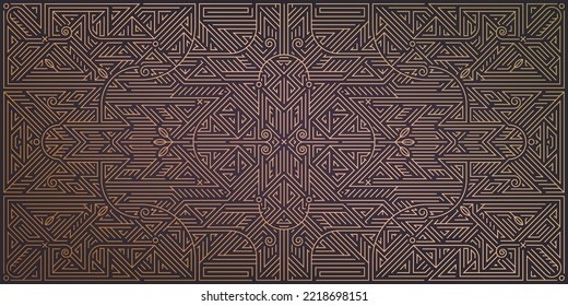 Vector abstract geometric golden background. Art deco wedding, party pattern, geometric ornament, linear style with leaves. Horizontal orientation luxury decoration element