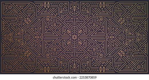 Vector abstract geometric golden background. Art deco wedding, party pattern, geometric ornament, linear style with leaves and flowers. Horizontal orientation luxury, fancy decoration element