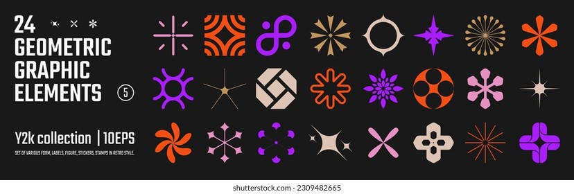 Vector abstract geometric graphic elements for design, Collection of various form, labels, shapes, stickers inspired by brutalism, set basic figures in y2k style, retro futuristic assets, set 5