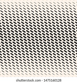 Vector abstract geometric halftone seamless pattern with diagonal dash lines, fading stripes, tracks. Extreme sport style illustration, urban art. Trendy black and white minimal background texture