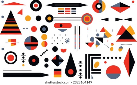 vector abstract geometric icons, geometric shapes, in the style of pop art graphic style, detailed background elements, memphis design, precise and sharp, raw texture, elongated shapes, thick texture