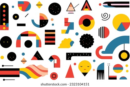 vector abstract geometric icons, geometric shapes, in the style of pop art graphic style, detailed background elements, memphis design, precise and sharp, raw texture, elongated shapes, thick texture