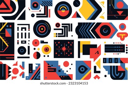 vector abstract geometric icons, geometric shapes, in the style of pop art graphic style, detailed background elements, memphis design, precise and sharp, raw texture, elongated shapes, thick texture