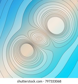 Vector abstract geometric illustration with dotted black isolines and many oval shapes. Topographic abstract lines on striped light blue background.