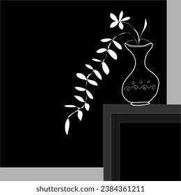 Ilustración geométrica abstracta vectorial en forma de jarrón blanco con una planta sobre un fondo negro
