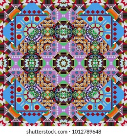 Vector abstract geometric kaleidoscopic mandala design symbol - symmetric. Seamless pattern from mandalas painted in purple, blue and gray colors.