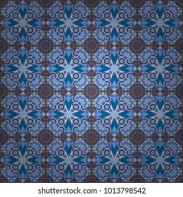 Vector abstract geometric kaleidoscopic mandala design symbol - symmetric. Seamless pattern from mandalas painted in blue, brown and beige colors.