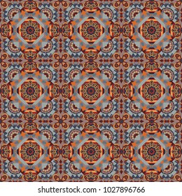Vector abstract geometric kaleidoscopic mandala design symbol - symmetric. Seamless pattern from mandalas painted in brown, orange and gray colors.