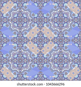 Vector abstract geometric kaleidoscopic mandala design symbol - symmetric. Seamless pattern from mandalas painted in blue, violet and gray colors.