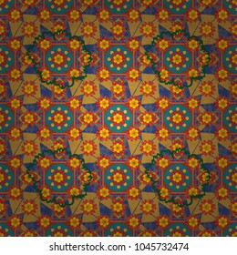 Vector abstract geometric kaleidoscopic mandala design symbol - symmetric. Seamless pattern from mandalas painted in red, blue and yellow colors.
