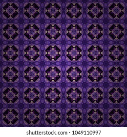 Vector abstract geometric kaleidoscopic mandala design symbol - symmetric. Seamless pattern from mandalas painted in purple, violet and black colors.