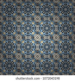 Vector abstract geometric kaleidoscopic mandala design symbol - symmetric. Seamless pattern from mandalas painted in black, blue and beige colors.