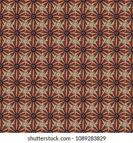 Vector abstract geometric kaleidoscopic mandala design symbol - symmetric. Seamless pattern from mandalas painted in orange, pink and brown colors.