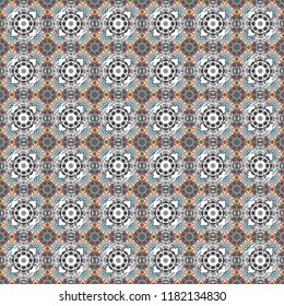 Vector abstract geometric kaleidoscopic mandala design symbol - symmetric. Seamless pattern from mandalas painted in gray, white and blue colors.