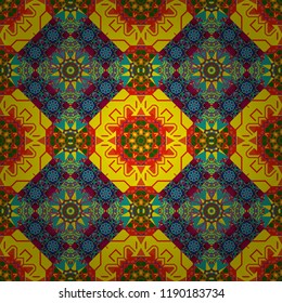 Vector abstract geometric kaleidoscopic mandala design symbol - symmetric. Seamless pattern from mandalas painted in green, neutral and yellow colors.