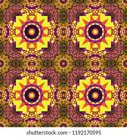Vector abstract geometric kaleidoscopic mandala design symbol - symmetric. Seamless pattern from mandalas painted in yellow, green and orange colors.