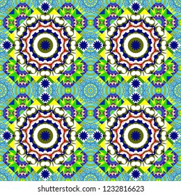 Vector abstract geometric kaleidoscopic mandala design symbol - symmetric. Seamless pattern from mandalas painted in blue, white and green colors.