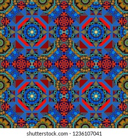 Vector abstract geometric kaleidoscopic mandala design symbol - symmetric. Seamless pattern from mandalas painted in blue, red and brown colors.