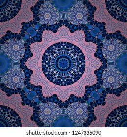 Vector abstract geometric kaleidoscopic mandala design symbol - symmetric. Seamless pattern from mandalas painted in black, pink and blue colors.
