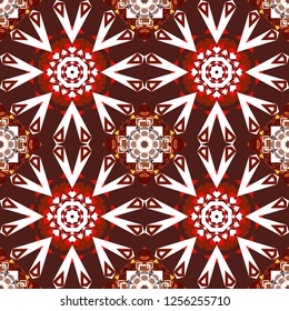 Vector abstract geometric kaleidoscopic mandala design symbol - symmetric. Seamless pattern from mandalas painted in brown, red and white colors.