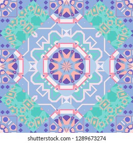Vector abstract geometric kaleidoscopic mandala design symbol - symmetric. Seamless pattern from mandalas painted in violet, pink and blue colors.