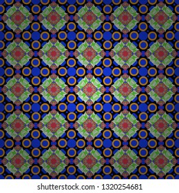 Vector abstract geometric kaleidoscopic mandala design symbol - symmetric. Seamless pattern from mandalas painted in blue, black and green colors.