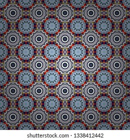 Vector abstract geometric kaleidoscopic mandala design symbol - symmetric. Seamless pattern from mandalas painted in gray, white and blue colors.