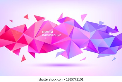 Vector abstract geometric low poly 3d shape. Origami facet style banner, background. Purple and red triangles poster, horizontal orientation