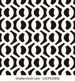 Vector abstract geometric monochrome seamless pattern with curved shapes, wavy lines, mesh, net, grid, lattice, weaving, tissues. Simple black and white background texture. Repeated minimal design