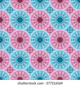 Vector abstract geometric ornament with circles and stars. Seamless pattern for textile, wallpaper, wrapping paper, background, fabric. Pink and mint (Turquoise) colors.