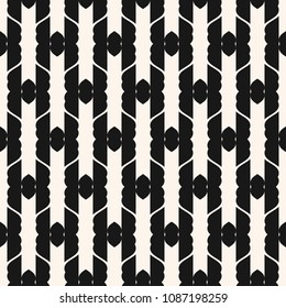 Vector abstract geometric ornament seamless pattern. Elegant black and white texture with curved shapes, grid, mesh, lattice, vertical stripes. Monochrome ornamental background. Repeat design element