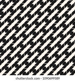 Vector abstract geometric ornament seamless pattern. Elegant black and white texture with diagonal stripes, curved shapes, grid, mesh, lattice. Monochrome ornamental background. Repeatable design